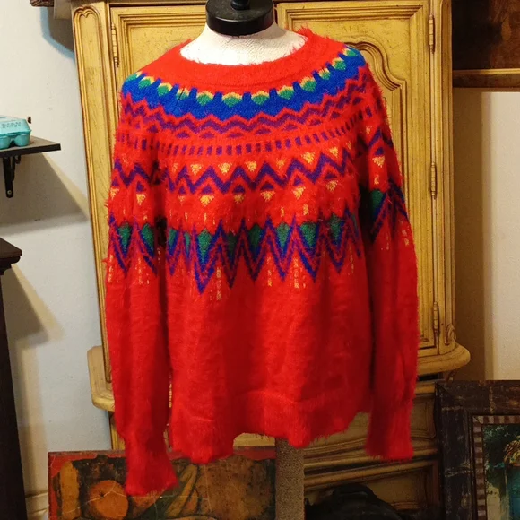 Womens Red Sweater Winter Ski Decorative Christmas sz L 89th MADISON 12/14 b36 - Picture 8 of 8
